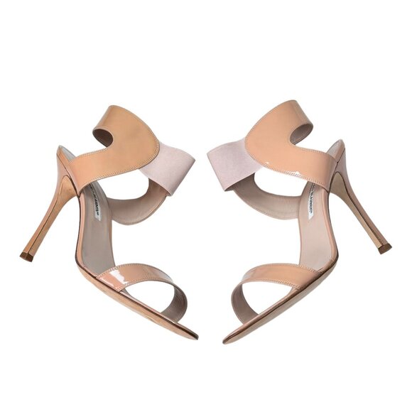 NWT Manolo Blahnik Sandals Sz 10 Nude Patent Leather Stiletto Heel Minimalist - Picture 8 of 14